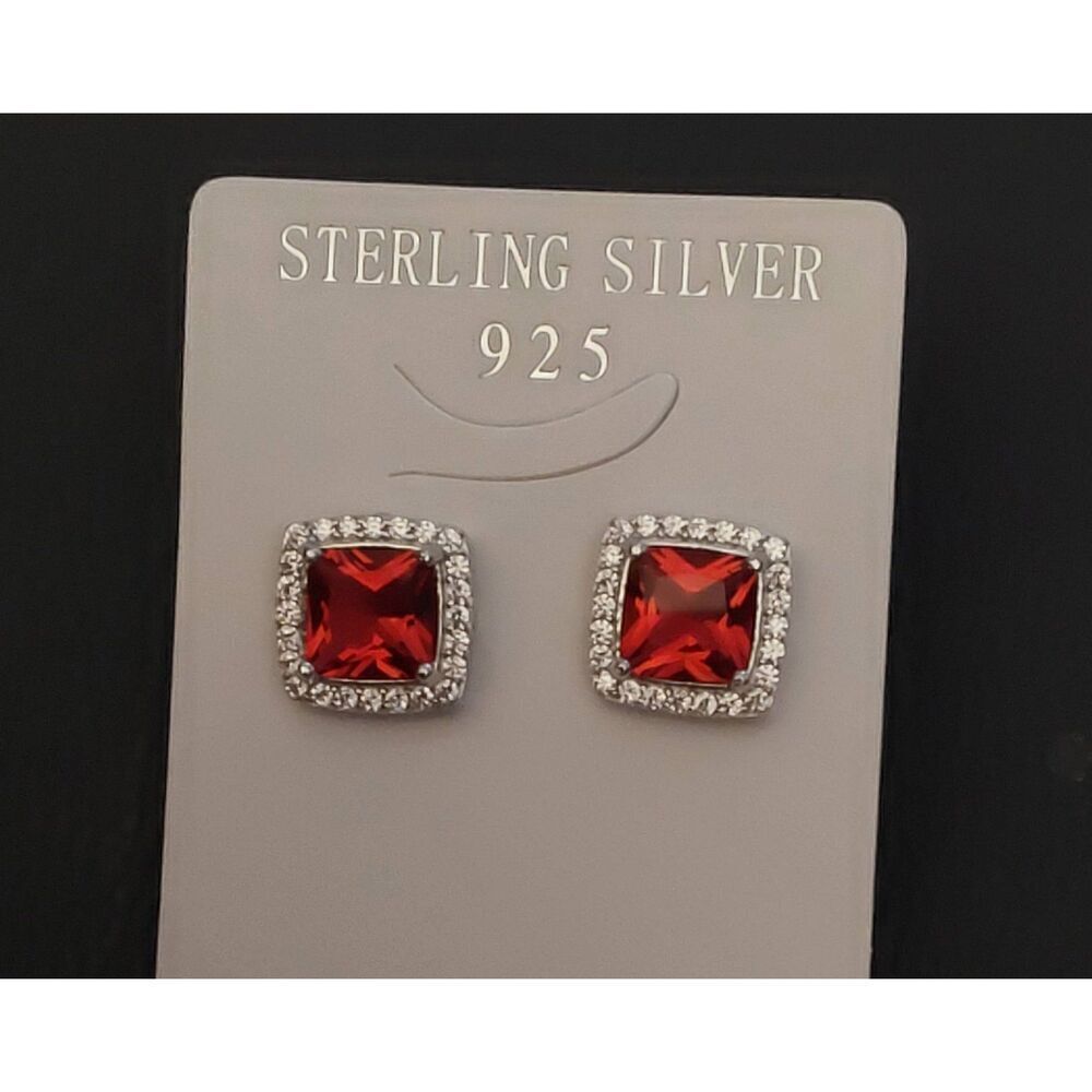 2.5 CT. Lab Ruby Cushion Cut Halo Stud Earrings~.925 Sterling Silver